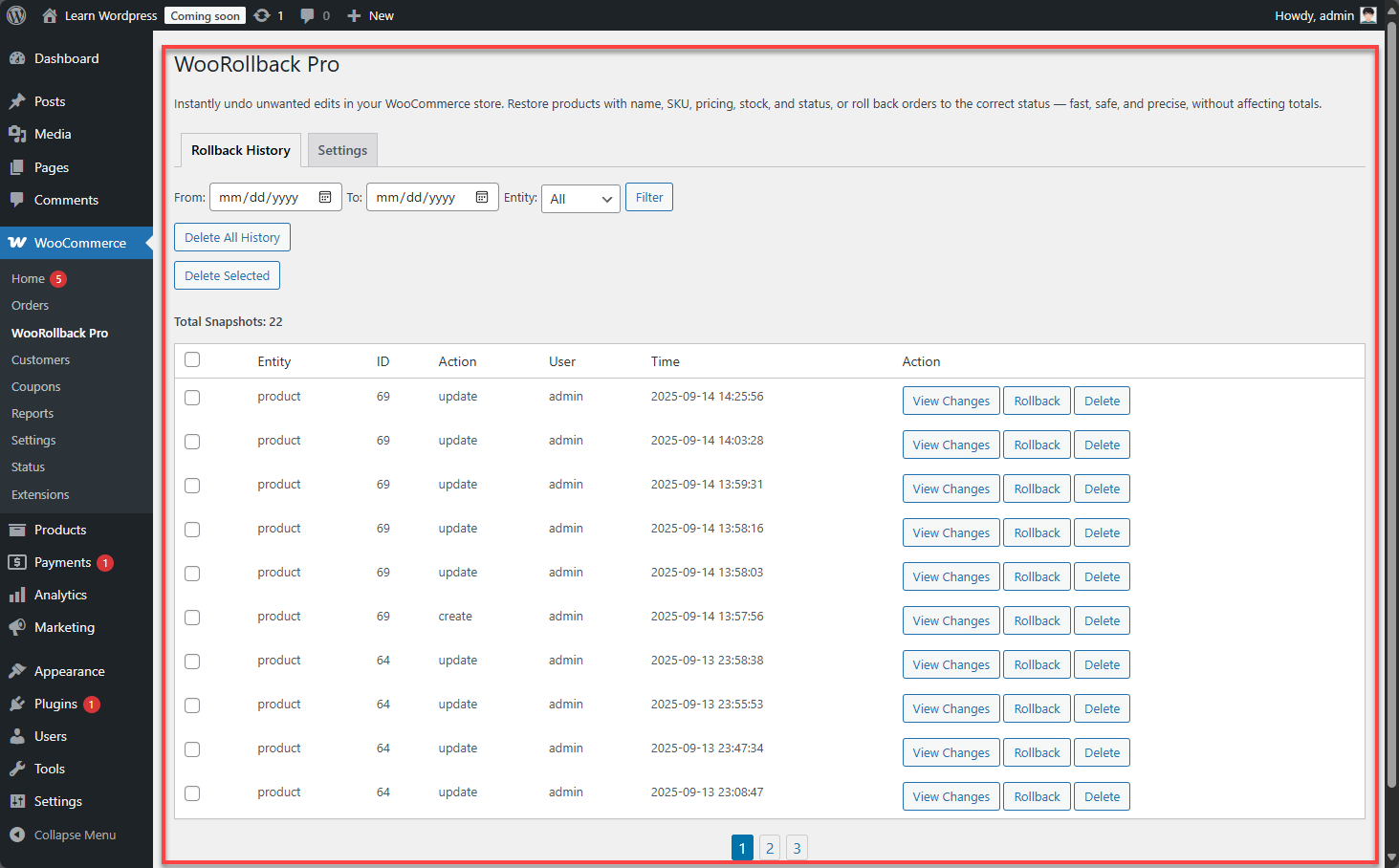 WooRollback Pro screenshot